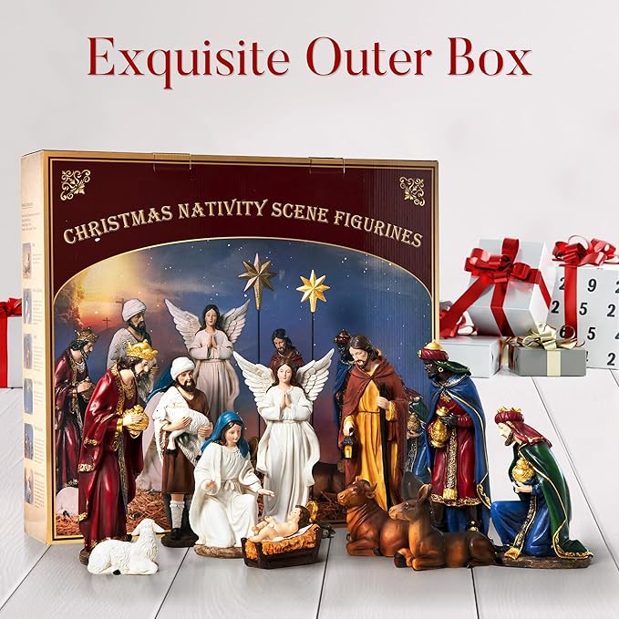 Nativity Sets for Christmas Indoor Set of 13 Pieces 7.9 Inches Tabletop Holidays Decor Nativity Scene Resin Figurines Set Religious Decorations Collection Gifts