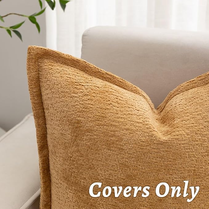 Mustard Yellow Decorative Throw Pillow Covers 18x18 Inch Set of 2 Cozy Soild Chenille Cushion Cases Soft Textured Square Couch Pillows Cover Boho Accent Farmhouse Pillowcases for Bed