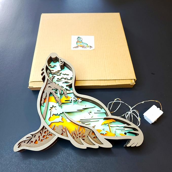 Generic Wooden 3D LED Seal Animal/Fish LED Night Light for Home- Home Decor, Wooden Animal Crafts/Figurines, WDN-MLT-LYR-DNS1