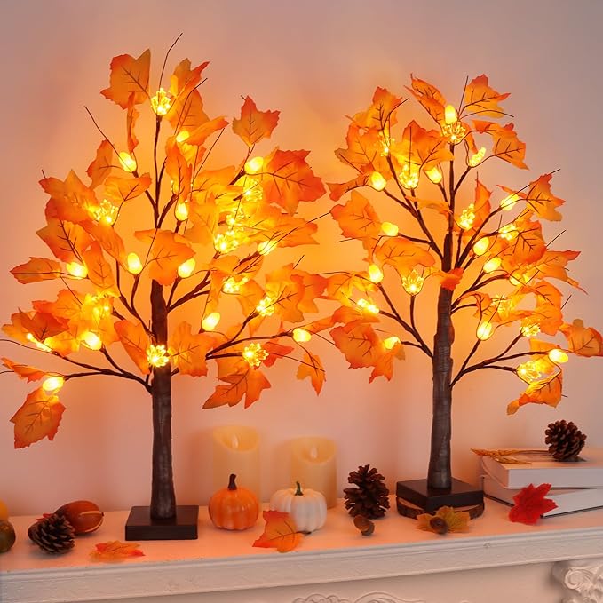 2 Pack 24 Inch Prelit Fall Maple Tree Fall Thanksgiving Decorations with 48 LEDs Battery Operated Timer Lighted Acorn Maple Artificial Tabletop Light Up Tree for Home Indoor Thanksgiving Table Decor