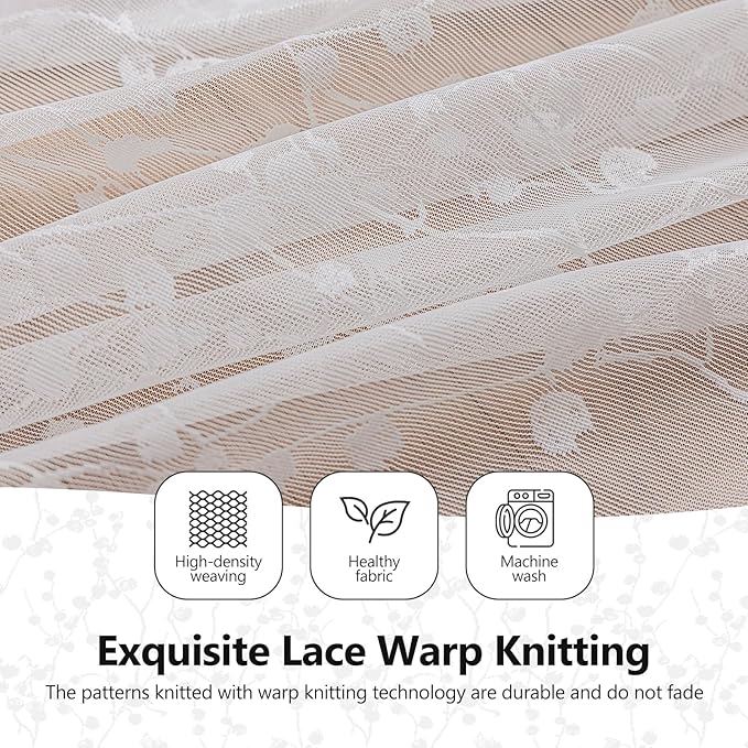 White Lace Sheer Curtains 84 inches Long – Vintage Branch Pattern for Living Room/Bedroom, Light Filtering Rod Pocket Drapes, Privacy Chic Window Treatments, 52W x 84L Inch, 2-Panel Set