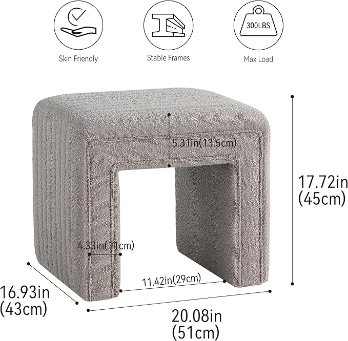 Get Set Style Vanity Stool Chair,Modern Boucle Ottoman Foot Stool with Wooden Legs Sofa Bench Footstool Extra Seat for Vanity,Makeup Room,Living Room,Entryway,Office (Fully Assembled)
