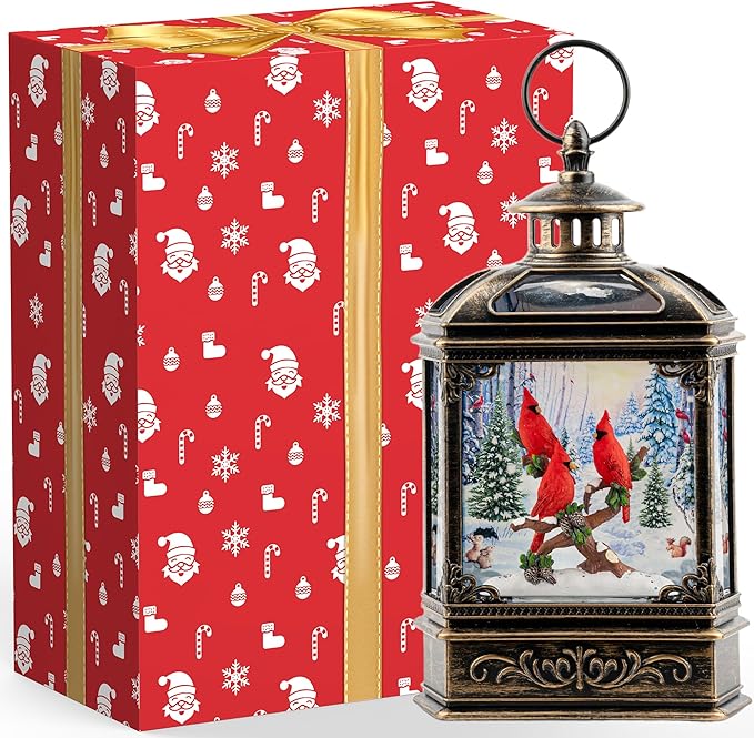 Christmas Snow Globe Water Glittering Cardinal with Music, USB Lined/Battery Operated Lighted Lantern for Christmas Festival Decoration Gifts