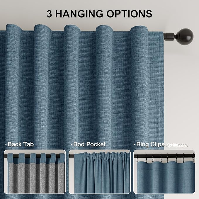 100% Blackout Curtains for Bedroom 90 inch Length 2 Panels Set, Farmhouse Linen Textured Full Light Blocking Room Darkening Thermal Insulated Drapes for Living Room (W52xL90, Dusty Blue)