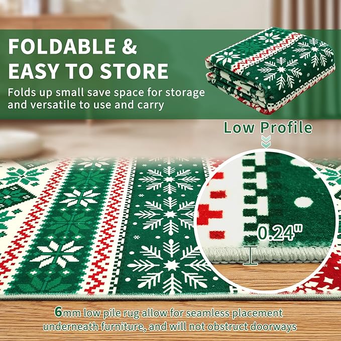 Christmas Living Room Area Rug 8x10 Large Washable Rug Indoor Non-Slip Low Pile Throw Floor Covers Xmas Decorative Boho Accent Rug Farmhouse Rugs Rustic Festival Carpet for Bedroom Dining Room, Green