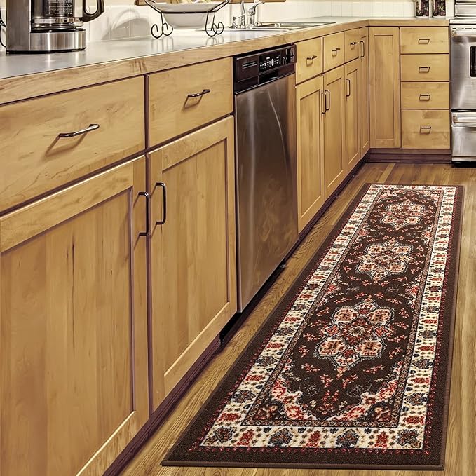 Antep Rugs Alfombras Oriental Traditional 2x7 Non-Skid (Non-Slip) Low Profile Pile Rubber Backing Indoor Runner Rugs (Brown, 2' x 7')