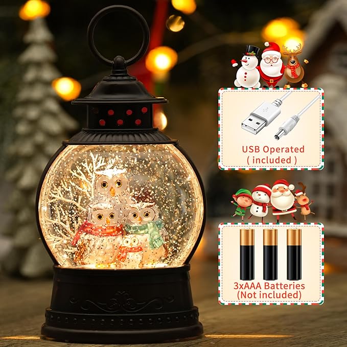 Christmas Owl Family Snow Globe Musical Snow Globes Light up Swirling Glitter Snow Globe Lantern with Timer, Owl Collectible Figurines Lighted Christmas Home Decor USB Powered & Battery Operated
