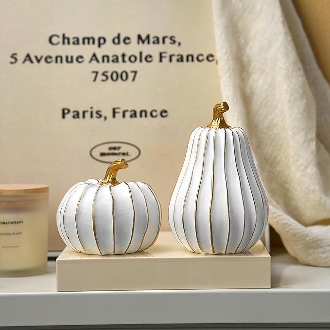 Pumpkin Fall Decor, White and Gold Pumpkins for Decorating Thanksgiving Table Centerpieces, Artificial Resin Pumpkins Decor for Mantel, Harvest Autumn Tabletop Decoration