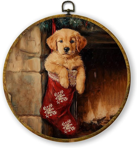 QZQE Vintage Christmas Golden Retriever Round Wall Art Decor Framed, Christmas Dog Circle Canvas Prints, Moody Winter Xmas Dog Stocking Circular Wall Hanging Decor for Home Bedroom, 10x10 Inch