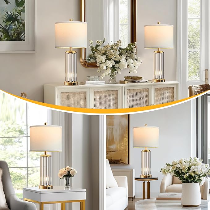 QiMH Gold Table Lamps for Bedroom Set of 2 with Nightlight, Modern Bedside Lamp with 2 USB A+C Charging Port, Clear Nightstand Lamp for Living Room White Shade Home Light Decor(LED Bulbs Included)