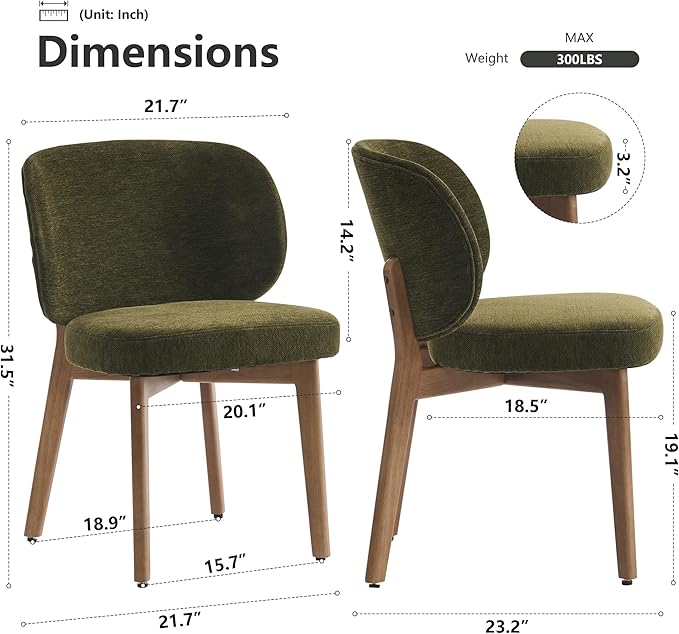 YOUNIKE Dining Chair with High Back Single Mid Century Modern Kitchen Chair Boucle Fabric Upholstered Armless Accent Chair 20" Wide Padded Seat with Wooden Legs for Living Room Bedroom Green