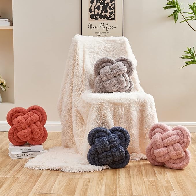 Xiashrk Knot Pillow Ball, 12" Soft Decorative Throw Pillows for Couch Bed, Grey Knotted Plush Throw Pillow Handmade Square Cushion Home Couch Decor Pillows for Living Room