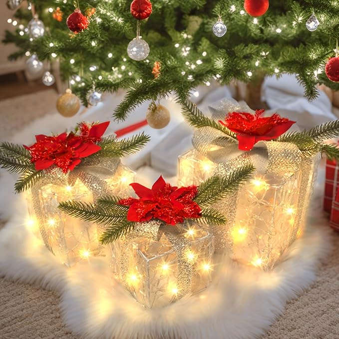 Christmas Decorations, Set of 3 Christmas Lighted Gift Boxes, Decorative Acrylic Light Up Present Gift Boxes with Timer for Weddings Holiday Indoor Outdoor Xmas Tree Decor