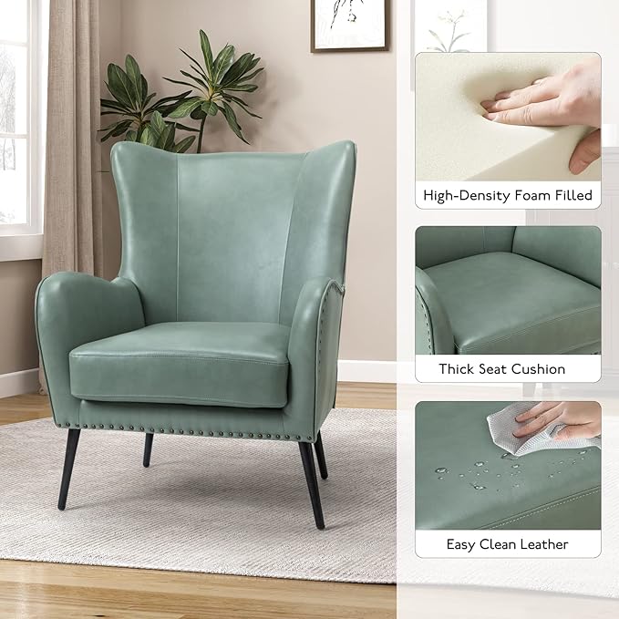 HULALA Home Faux Leather Accent Chair w/Removable Cushion, Comfy Upholstered Armchair with Black Metal Legs & Nailhead Trim Wingback Vanity Chair Desk Chair for Bedroom Reading Living Room, SAGE