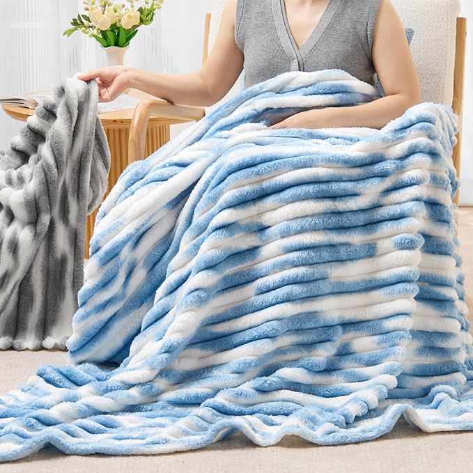 BEDELITE Fleece Throw Blanket for Couch - 300GSM Soft & Warm Fluffy Tie-dye Blue Blanket, Decorative and Giftable Striped Blankets for Women, Men, 50"x60"
