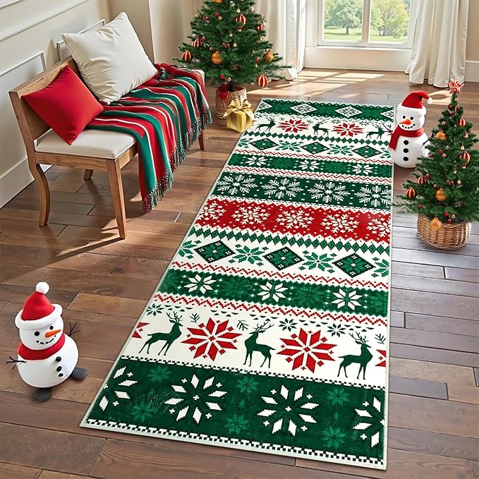 Hallway Runner Rug 2x6 Washable Christmas Runner Indoor Non-Slip Xmas Decorative Throw Floor Covers Boho Accent Festival Xmas Rug Farmhouse Rug Geometric Carpet for Living Room Bedroom, Green