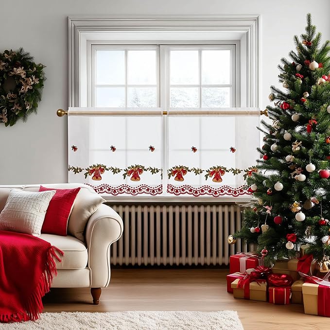 Deconovo Christmas Kitchen Tier Curtains, Embroidered Cafe Tiers, Semi Sheer Window Treatment with Rod Pocket, Light Filtering for Small Windows, Door & Sink Areas, 28W x 24L, Golden Bell, 2 Panels