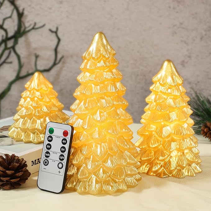 Christmas Flameless Candles Gold Christmas Tree Tabletop Flickering LED Warm Light Battery Operated Candle with Remote Lighted Xmas Tree Figurines for Fireplace Home Decor Indoor Holiday Gifts