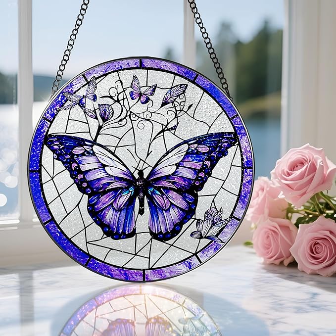 Stained Glass Window Hanging, 8 Inch Purple Butterfly Stained Glass Suncatcher, Butterfly Light Catcher, Window Hanging Decor, Gifts for Mother's Day, Christmas, Birthday, Gifts for Women Mom Grandma