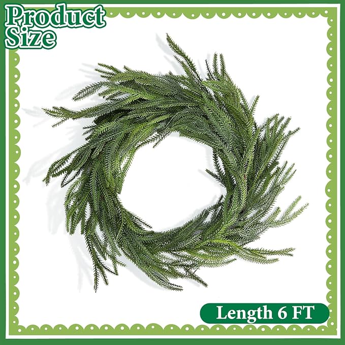 6 Ft Christmas Norfolk Pine Garland, Dense Norfolk Pine Realistic Touch Garland, Artificial Pine Greenery Garlands for Christmas Holiday Mantle Fireplace Table Home Decor