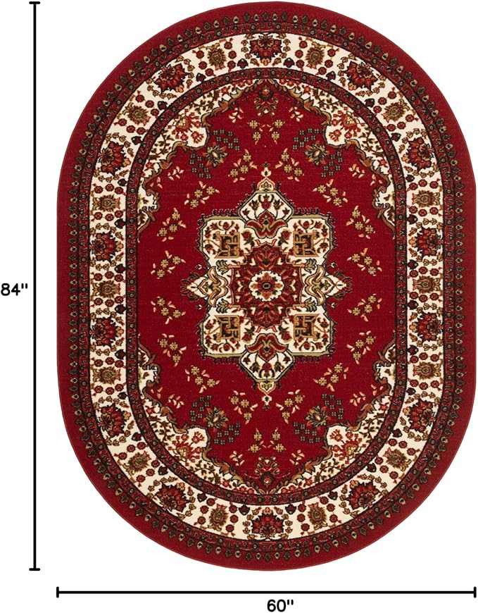 Antep Rugs Alfombras Oriental Traditional 5x7 Non-Skid (Non-Slip) Low Profile Pile Rubber Backing Indoor Area Rugs (Maroon, 5' x 7' Oval)