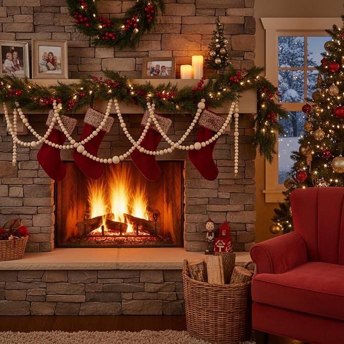 12 Feet Christmas Wooden Beads Garland Round Craft Farmhouse Vintage Wood Bead Garlands for Xmas Decoration Supplies(Natural Color)