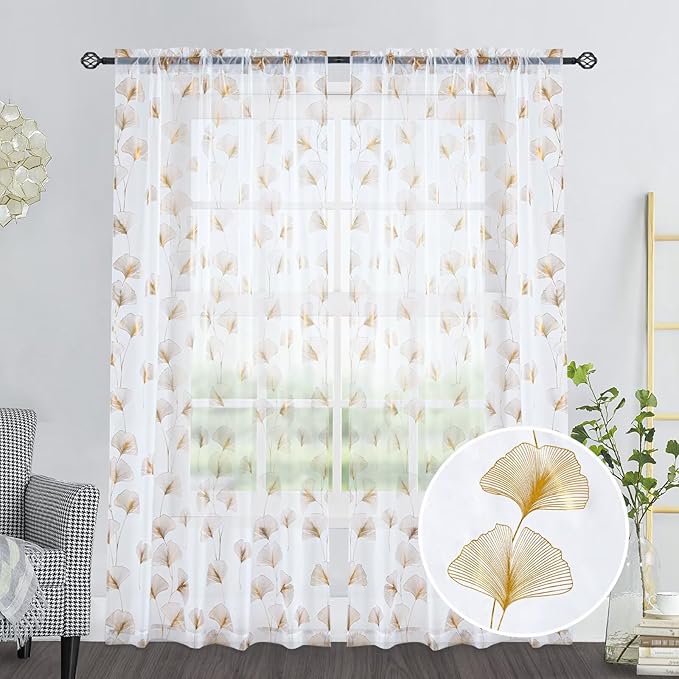 Gold Foil Print Sheer Curtains 84 inches Long, 2 Panels Ginkgo Bronzing Treatment Sheer Curtain, Rod Pocket Window Treatment Panels for Bedroom Living Room