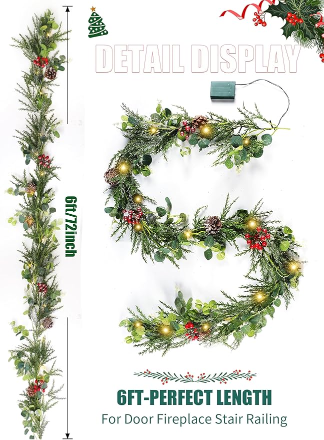Brightown Christmas Garland with Lights, 6 Ft LED Battery Operated Christmas Lights with Pine Cones, Berry, Eucalyptus Leaves, Indoor Christmas Decorations for Stairs Fireplace Door, 2 Pack