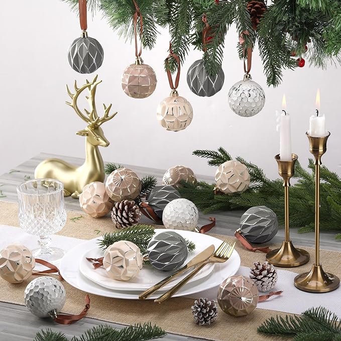 Syhood 12 Pcs Neutral Textured Christmas Ball Ornaments 2.4 Inch Vintage Xmas Tree Decorations Rustic Distressed Xmas Baubles Antique Farmhouse Modern Christmas Decor for Tree Home (Neutral)
