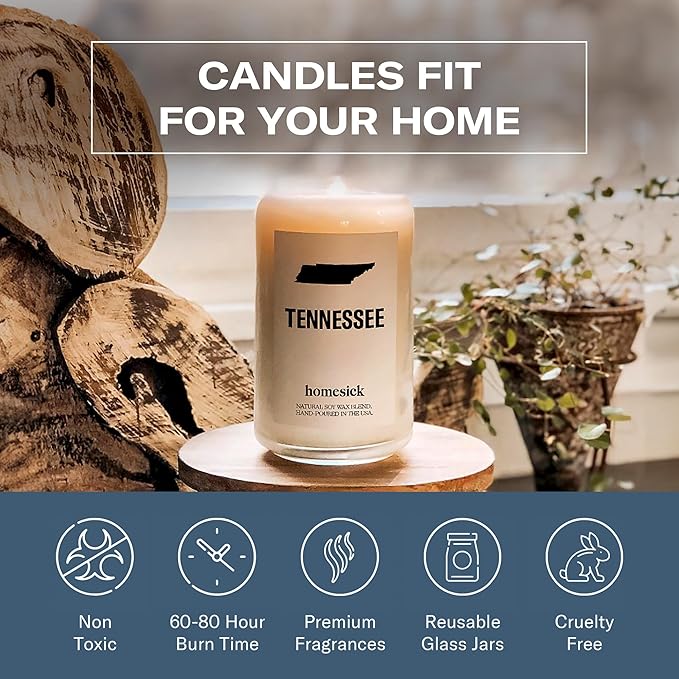 Homesick Scented Candles for Home (Tennessee) - 13.75 oz Long-Lasting Soy Wax Jar Candle for Women & Men for All Occasions, 60-80 Hours Burn Time - Notes of Patchouli, Sandalwood & Tonka Bean