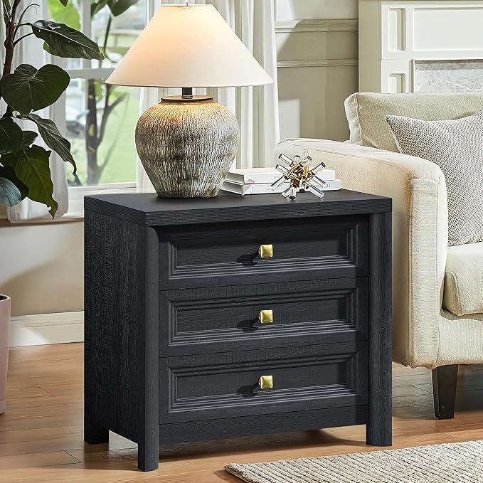 Farmhouse Black Nightstand with 3 Drawers, Rustic Bedside Table with Storage, Large Bed Side Table for Bedroom Living Room Home Office Furniture 24.8” Tall Nightstand with Gold Knobs