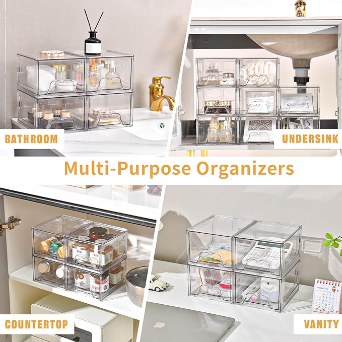 6 Pack Stackable Makeup Organizer, 4.4'' Tall Acrylic Bathroom Makeup Organizer and Storage Drawer with Pull-out Handle, Clear Plastic Storage Bins for Vanity,Pantry,Desk,Undersink,Kitchen