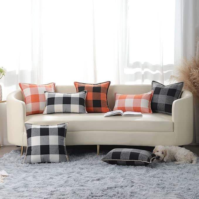decorUhome Farmhouse Gingham Buffalo Plaid Check Throw Pillow Covers 22x22 Set of 2, Outdoor Fall Linen Decorative Pillow Covers with Stitched Edge for Bed Couch Sofa, Orange and Black
