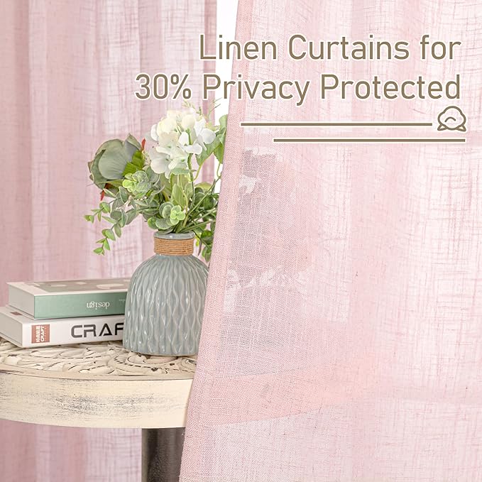 LAMIT Sheer Linen Curtains 63 Inch for Girls Bedroom, Light Filtering Neutral Semi Sheer Farmhouse Boho Curtains Back Tab and Rod Pocket Living Room Panels, Pink, 2 Panels, 52 x 63 Inch