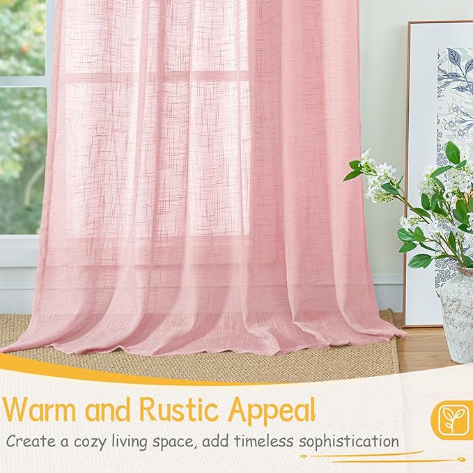YoungsTex Light Pink Linen Curtains 63 Inch Length for Living Room Window, Semi Sheer Drapes Textured Light Filtering with Rod Pocket Back Tab for Bedroom, 2 Panels, 42 X 63 Inch