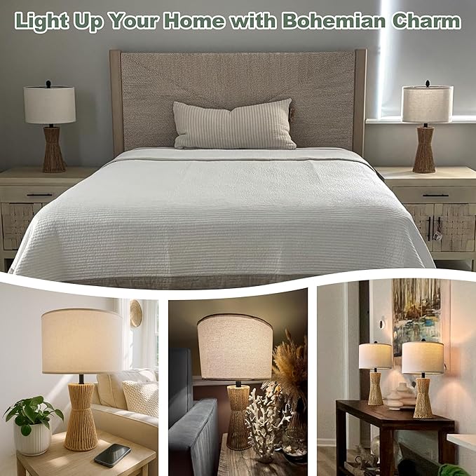 OYEARS 22.5" Table Lamps for Living Room,Boho Lamps Set of 2 for Bedrooms, Bedside Lamp for Nightstands, Rattan Lamp, Farmhouse Table Lamp for Room Decor, End Table, Retro, Brown(Not Include Bulbs)