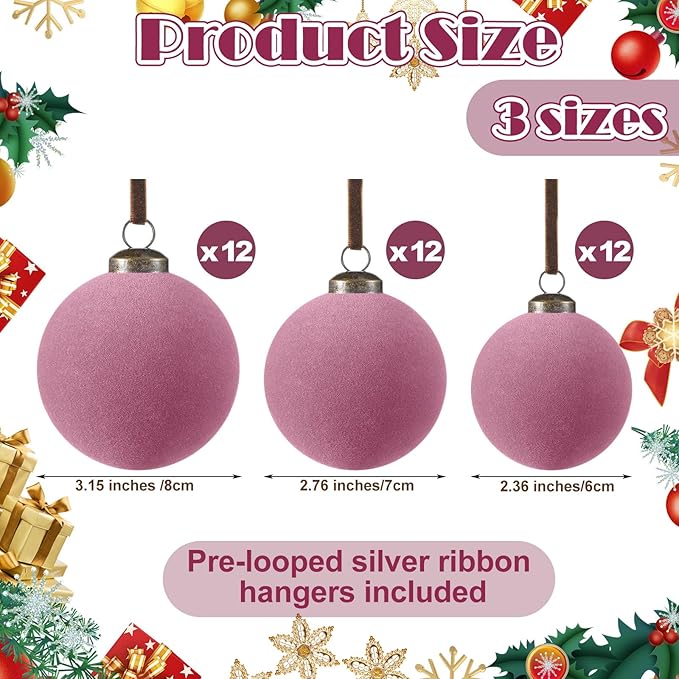 36 Pcs Velvet Christmas Balls Bulk - Flocked Christmas Tree Ball Ornaments Hanging Decoration for Xmas Tree, Wreath, Home or Party Decorations, 2.36", 2.76", 3.15"(Taro Purple)