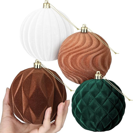4 Pcs 4 Inch Large Velvet Christmas Ball Ornaments Vintage Christmas Plastic Ball Ornaments Flocked Tree Hanging Decoration for Xmas Party Wedding Home Decor(Brown Green White)