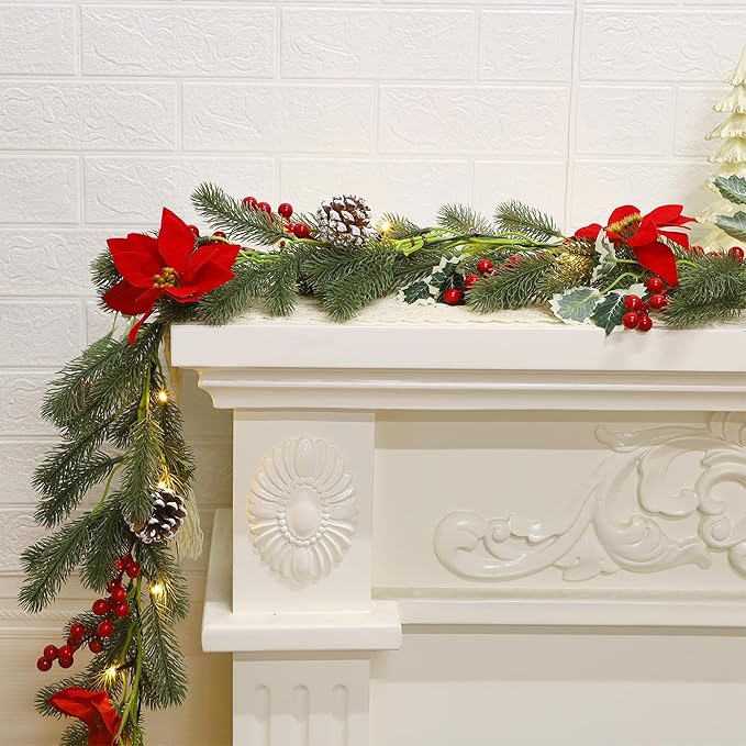 ATDAWN 9 FT Christmas Garland with Lights, Battery Operated Christmas Garland, Garland with Red Berry, Pine Cone and Poinsettia for Indoor Home Winter Holiday New Year Xmas Decorations