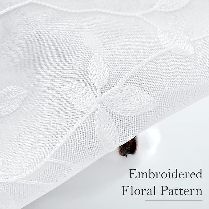 HOMEIDEAS White Sheer Curtains 52 X 96 Inches Length 2 Panels Embroidered Vine Floral Pattern Pocket Faux Linen Semi Sheer Voile Window Drapes for Bedroom Living Room