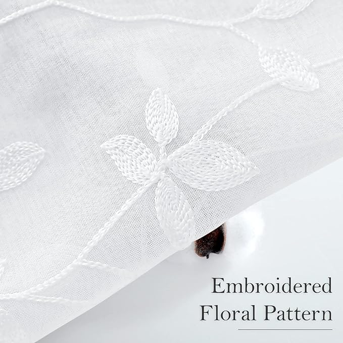 HOMEIDEAS White Sheer Curtains 52 X 63 Inches Length 2 Panels Embroidered Vine Floral Pattern Pocket Faux Linen Semi Sheer Voile Window Drapes for Bedroom Living Room