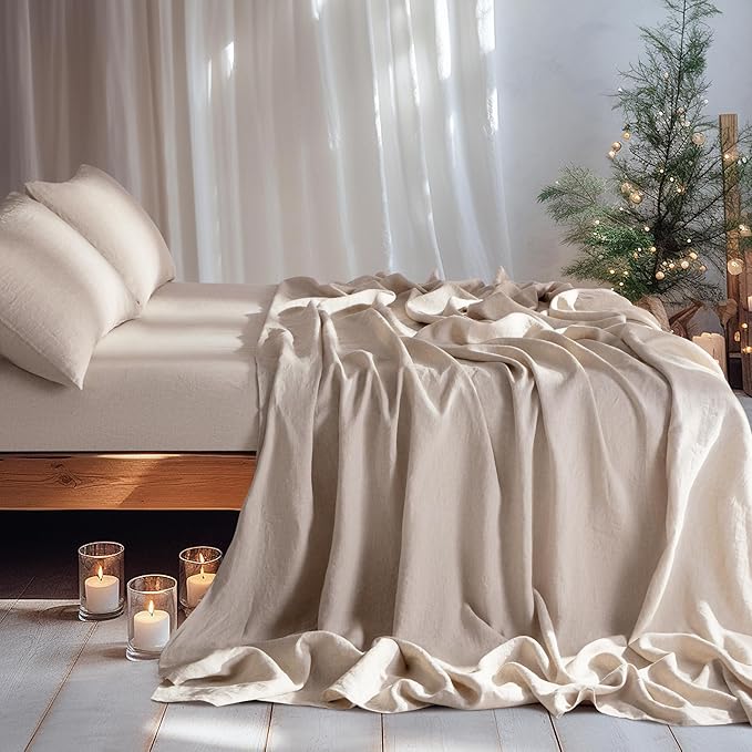 LBRO2M 100% Linen Sheet Set 19" Deep Pocket King Size,Bed Sheets 4 Piece Sets,Solid Color Natural Flax Bed Sheets Soft Breathable Bedding, All Season (King, Linen)