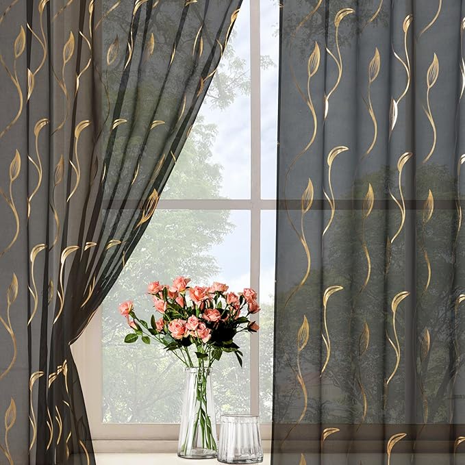 Gold Foil Print Sheer Curtains 63 inches Long, 2 Panels Wicker Bronzing Treatment Sheer Curtain, Rod Pocket Window Treatment Panels for Bedroom Living Room