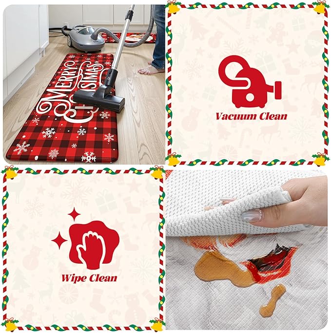 Christmas Buffalo Plaid Santa Claus Kitchen Mat 2PCS, Cushioned Anti Fatigue Kitchen Mats for Floor Non Skid Waterproof Comfort Foam Standing Rugs for Desk Laundry Office Home Decor, 17"x30"+17"x47"