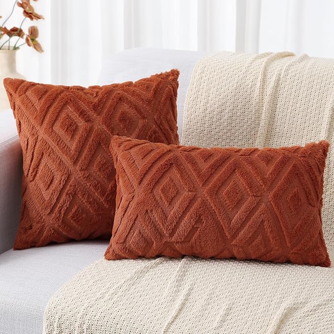 decorUhome Fall Couch Throw Pillow Covers 12x20 Set of 2, Decorative Soft Plush Faux Wool Lumbar Neutral Accent Pillow Covers for Bed Sofa Living Room, Rust
