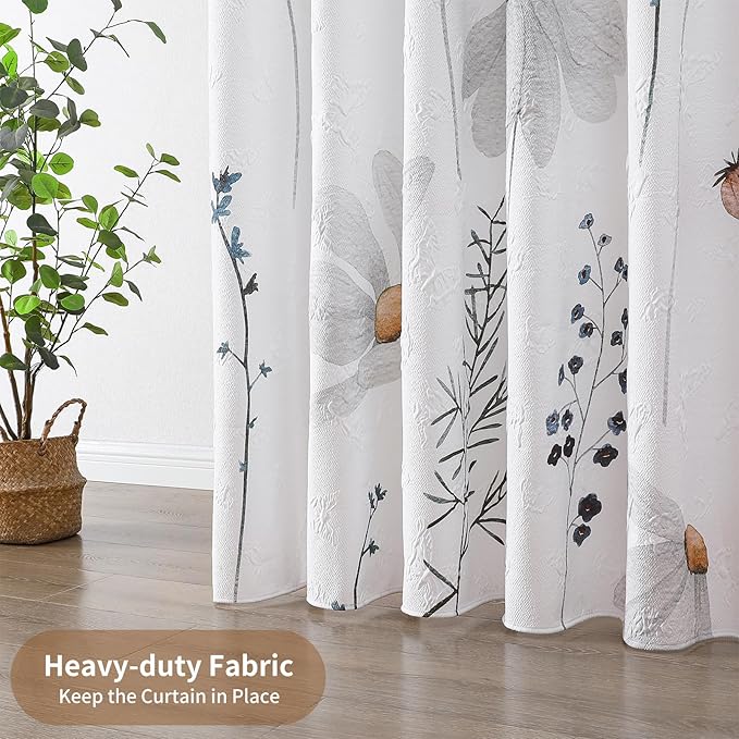 QiyI Floral Shower Curtain, 3D Embossed Butterflies Flower Bathroom Curtain, Watercolor Grey Daisy Minimalist White Cloth Bath Curtain, Waterproof Fabric Soft Shower Curtain Set with Hooks, 72x72