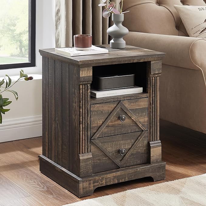Farmhouse Nightstand with Charging Station, 18" Modern Wood Side Table, 2 Drawers End Table & Roman Column Design for Living Room, Bedside Table with Open Shelf for Bed Room, Dark Rustic Oak