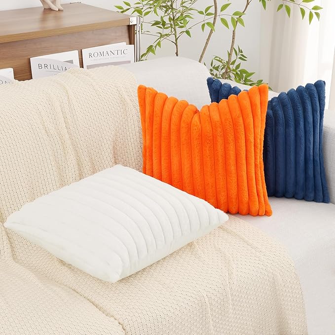decorUhome Faux Fur Christmas Throw Pillow Covers 16x16 Set of 2, Decorative Soft Plush Striped Neutral Couch Euro Pillow Covers with Velvet Back for Sofa, Bed, Living Room Home Decor, White