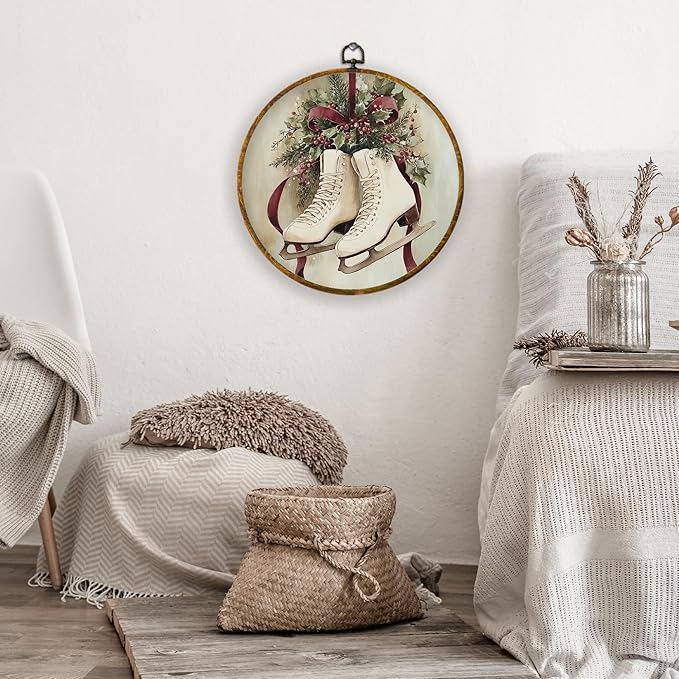 XPH Vintage Christmas Ice Skates Round Wall Art Framed, Christmas Skating Circle Wall Decor, Rustic Xmas Cozy Winter Holiday Hanging Canvas Prints for Home Bedroom Living Room Decoration, 10x10 Inch