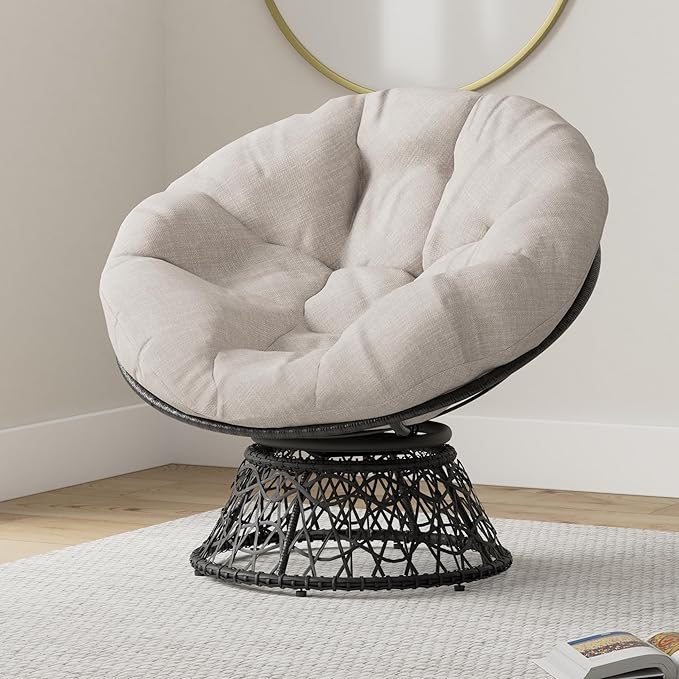 Bme 40" Ergonomic Wicker Papasan Chair with Soft Thick Density Fabric Cushion, High Capacity Steel Frame, 360 Degree Swivel for Living, Bedroom, Reading Room, Lounge, Silver Cloud - Black Base